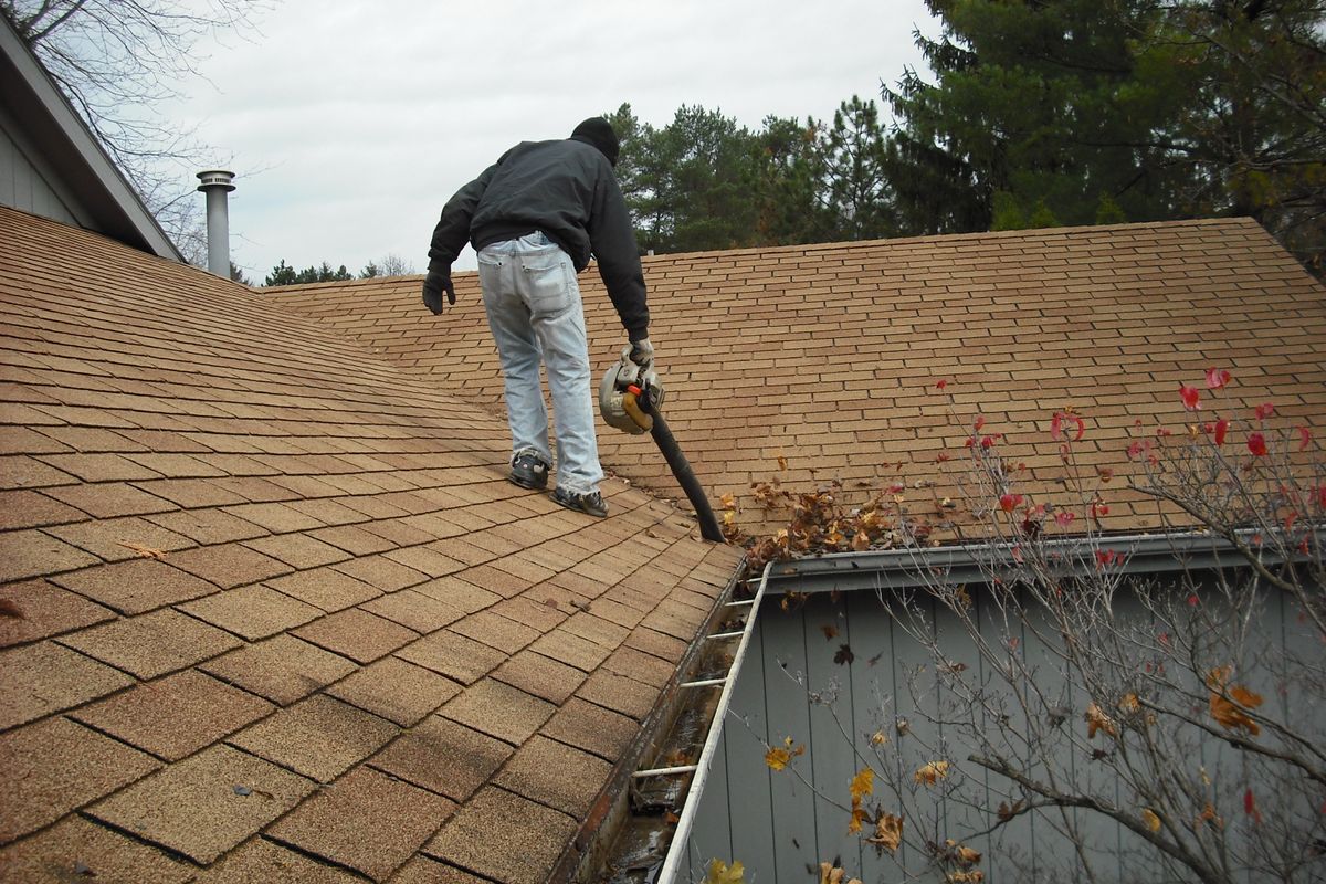 Worker removing leaves and debris from a roof and gutter