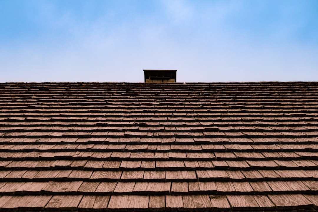 Weathered wood shakes covering a pitched roof