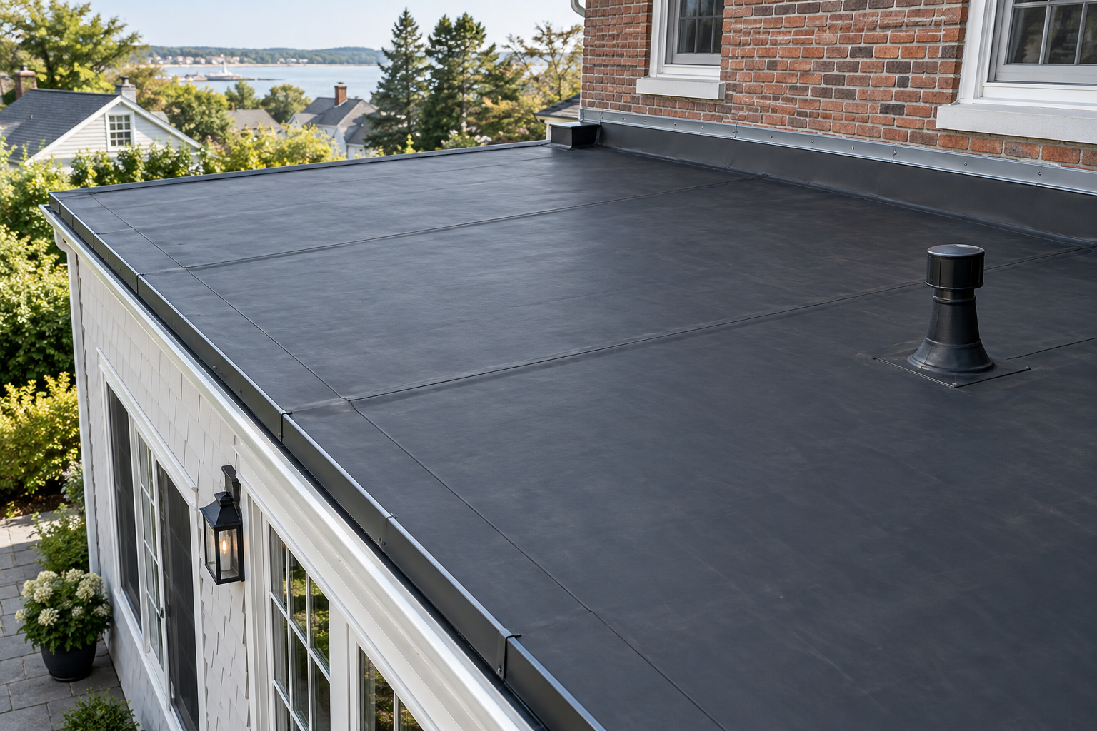 Illustration of a black EPDM rubber membrane on a low-slope roof