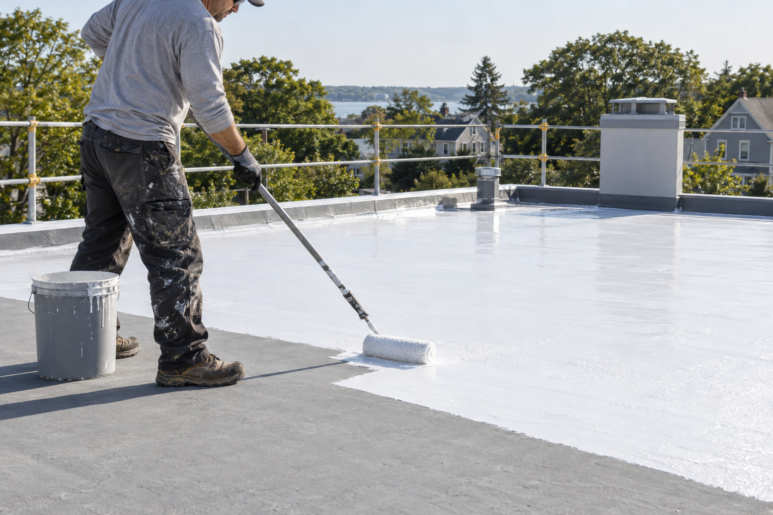 Illustration of white roof coating being applied to a low-slope roof