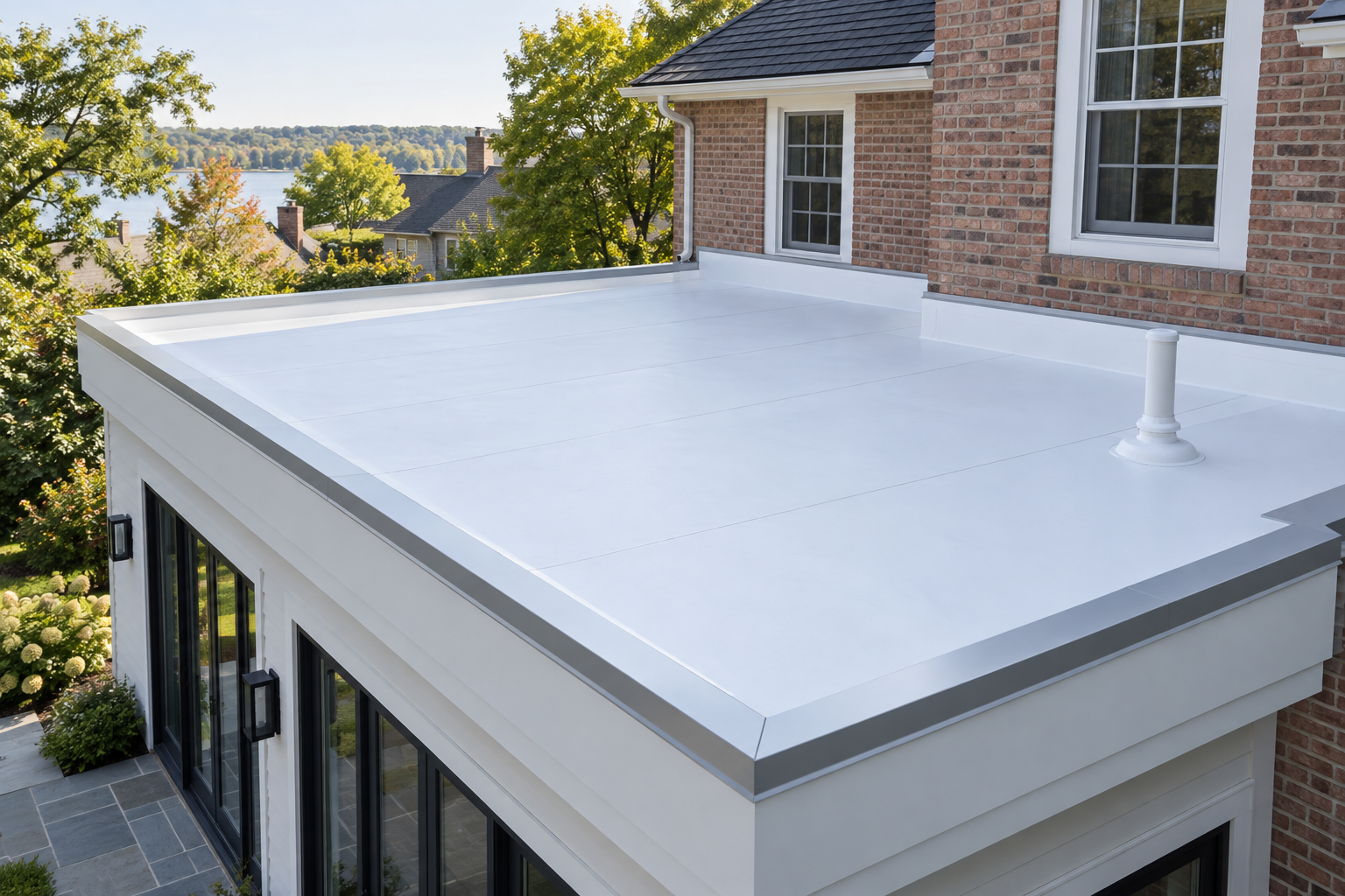 Illustration of a white TPO membrane roof with finished seams