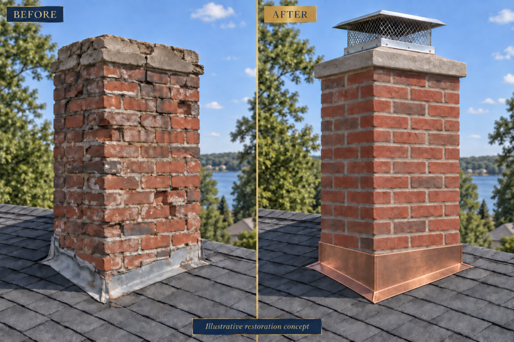 Before: illustrative damaged brick chimney.