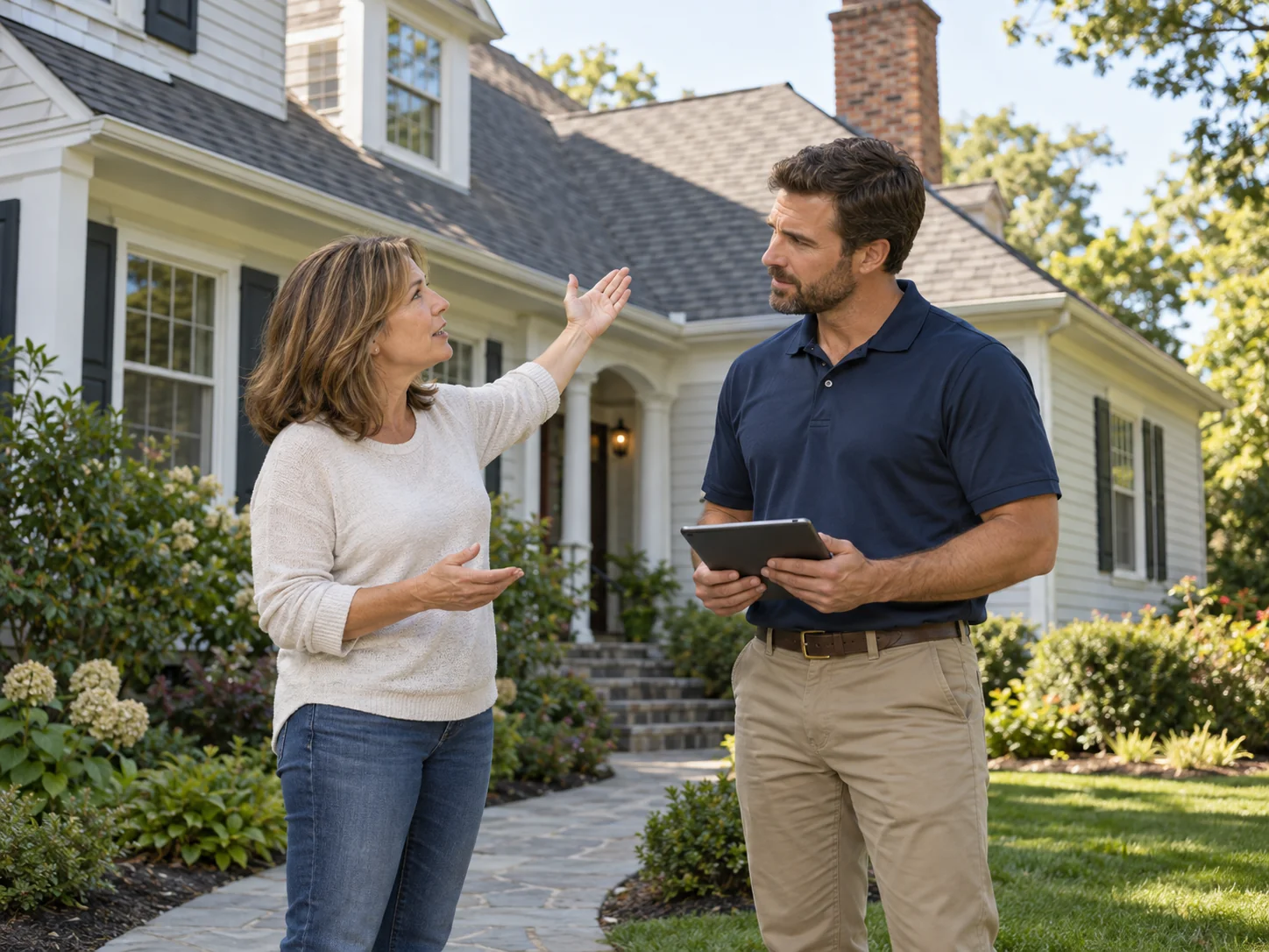 Illustration of a contractor listening to a homeowner and discussing roof and exterior renovation options