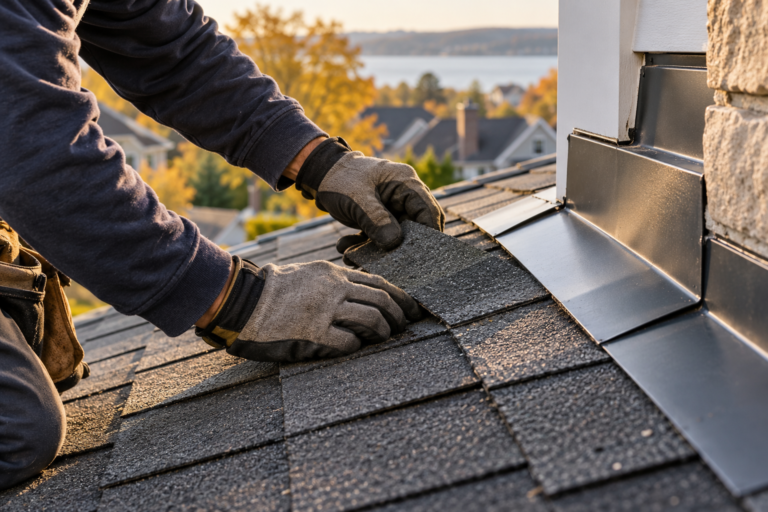 Gloved hands repairing roof shingles beside metal flashing