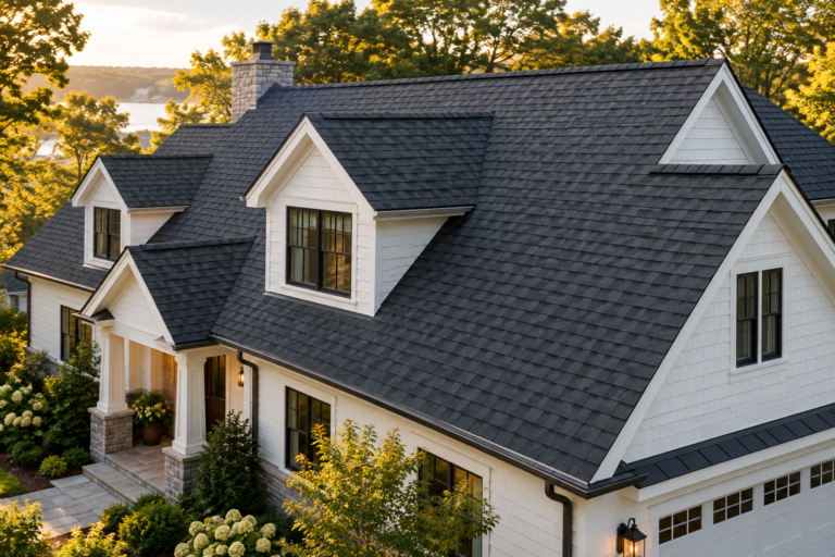 Charcoal architectural shingle roof on a white suburban home