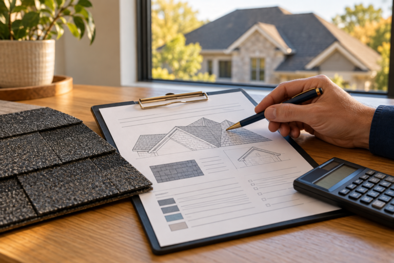 Roofing plan review with shingle samples and a calculator