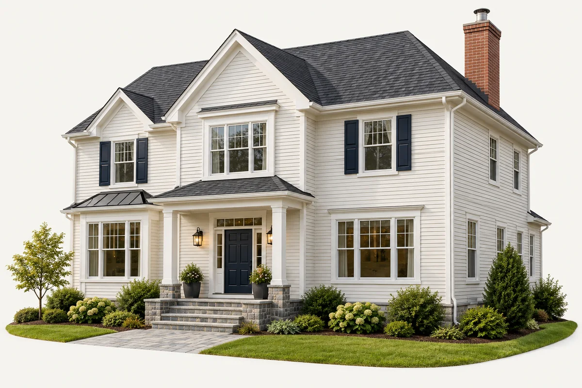 Illustration of a home with shingle roofing, brick chimney, gutters, siding and stone front steps